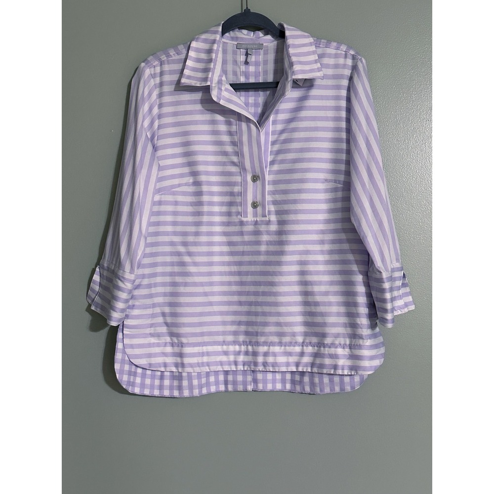 Hinson Wu Aileen 3/4 Sleeve Luxe Linen Stripes Popover Top Lilac White Stripe
